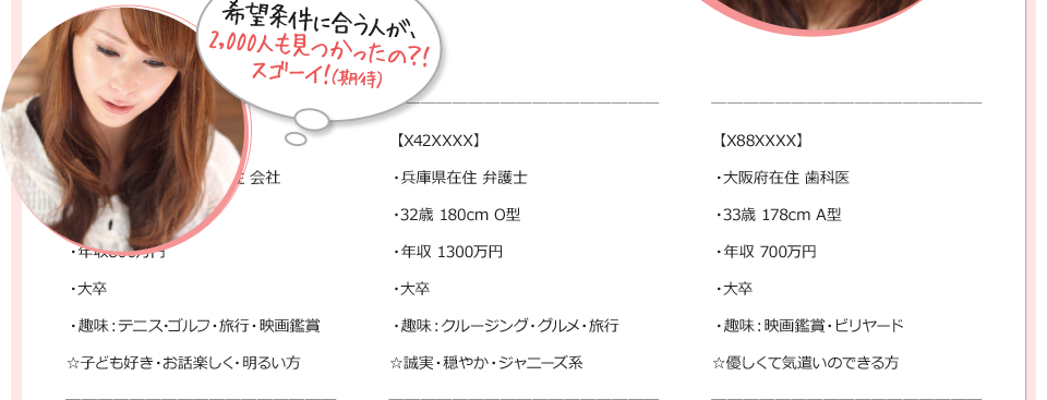 希望条件に合う人が、2,000人も見つかったの？！スゴーイ！（期待）