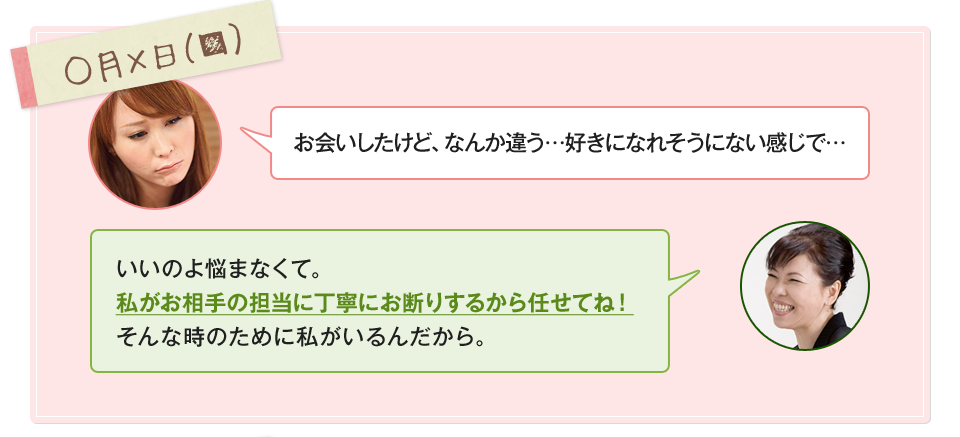 「お会いしたけど、なんか違う…好きになれそうにない感じで…」「いいのよ悩まなくて。私がお相手の担当に丁寧にお断りするから任せてね！そんな時のために私がいるんだから。」